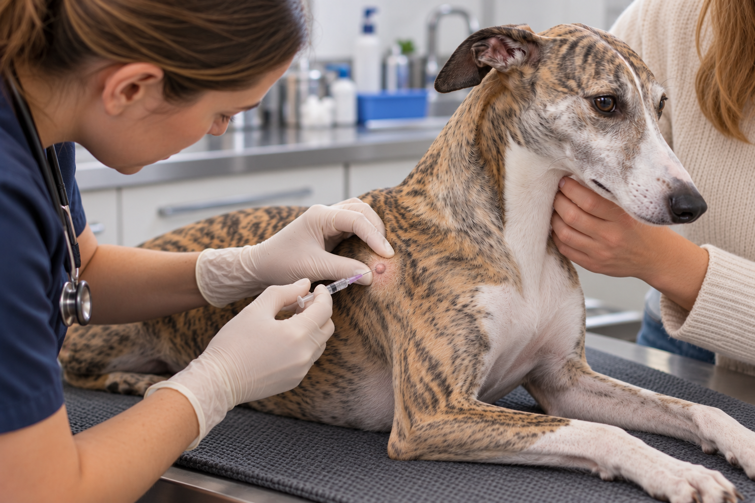 Veterinár odoberá tenkou ihlou vzorku kožného útvaru psa